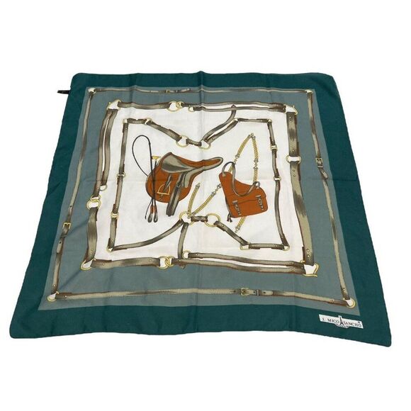 J. Mico Sancho Paris Horse Saddle VTG Square Equestrian Theme Scarf Green 30” - Picture 1 of 7